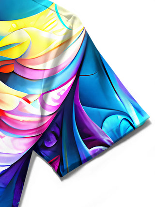 Men's tie dye abstract print short sleeve shirt close-up detail view