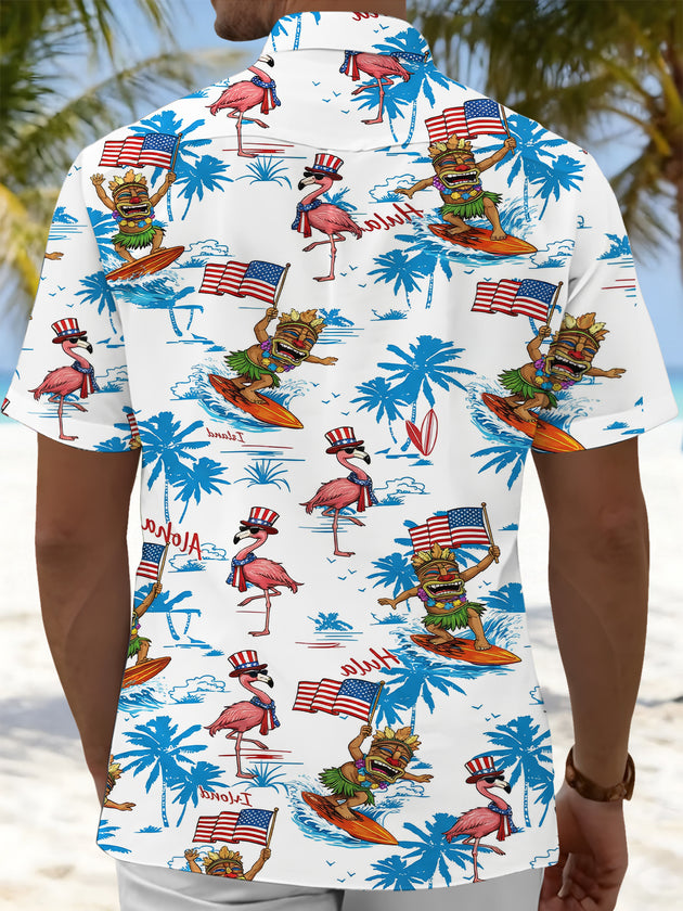 Hawaiian Tiki Flamingo American Flag Palm Tree Print Men's Pocket Short Sleeve Shirts