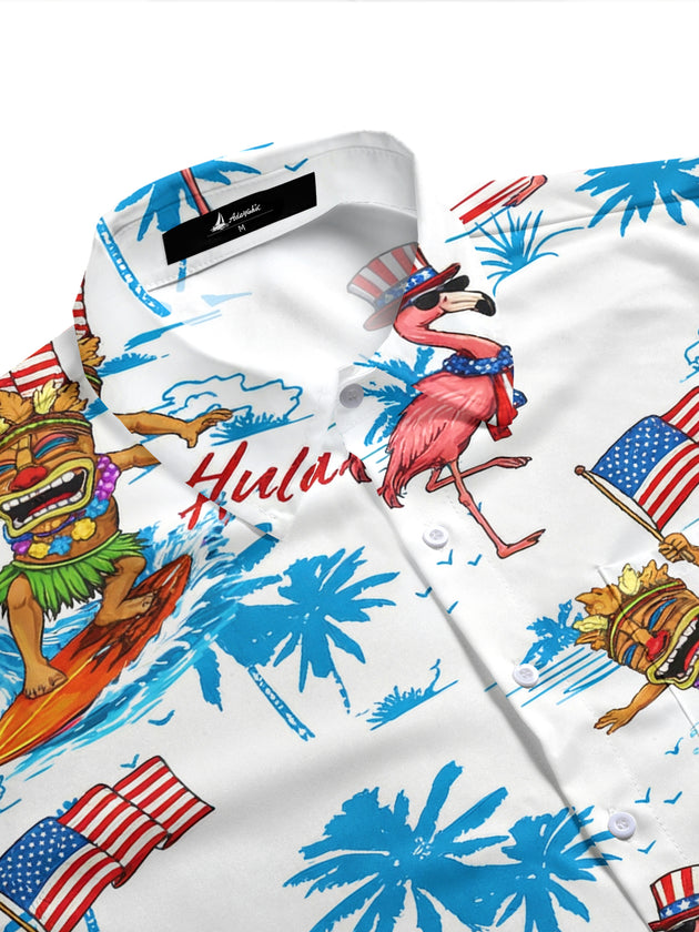 Hawaiian Tiki Flamingo American Flag Palm Tree Print Men's Pocket Short Sleeve Shirts