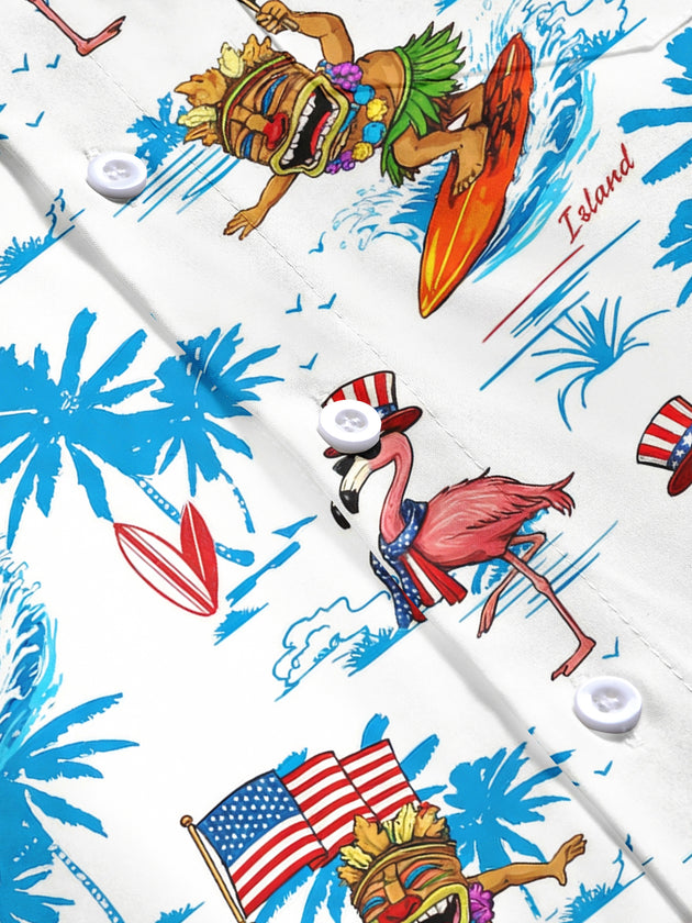 Hawaiian Tiki Flamingo American Flag Palm Tree Print Men's Pocket Short Sleeve Shirts