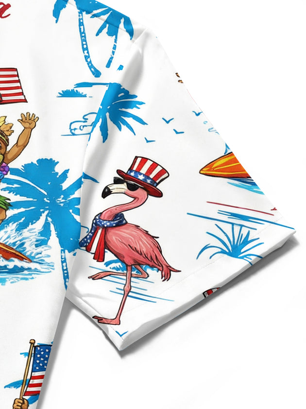 Hawaiian Tiki Flamingo American Flag Palm Tree Print Men's Pocket Short Sleeve Shirts