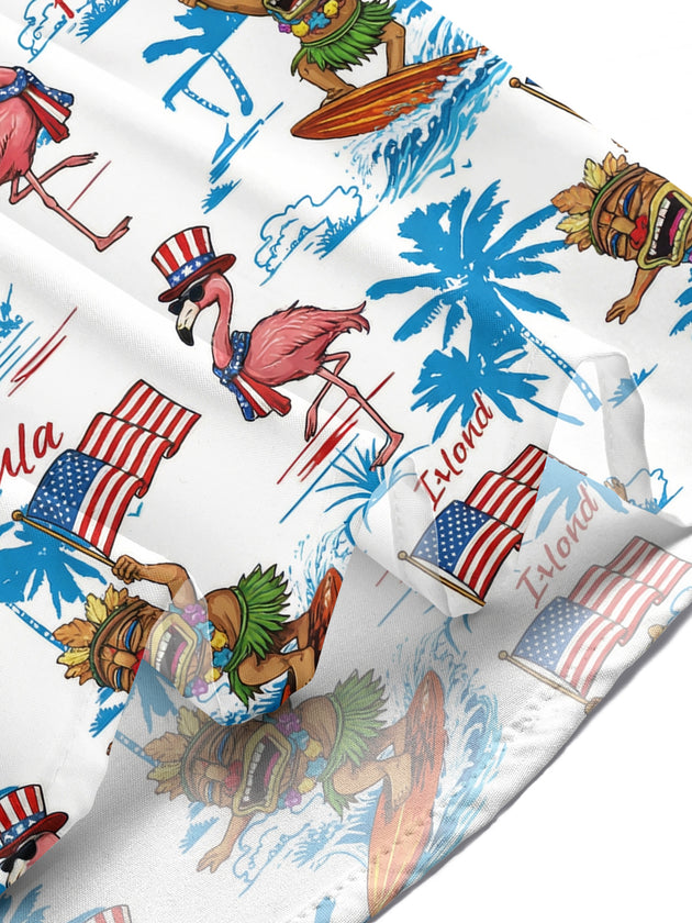 Hawaiian Tiki Flamingo American Flag Palm Tree Print Men's Pocket Short Sleeve Shirts