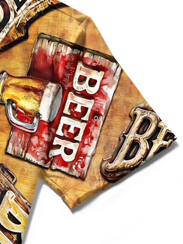 men's beer print shirt close-up short sleeve