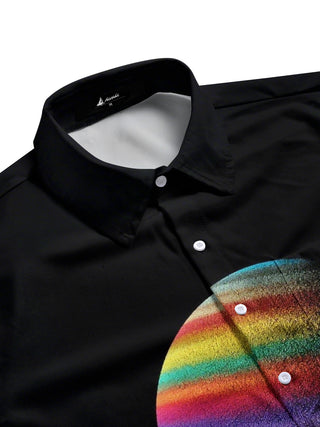 Men's cosmic planet print short sleeve shirt, side view showing half sleeve and relaxed fit.