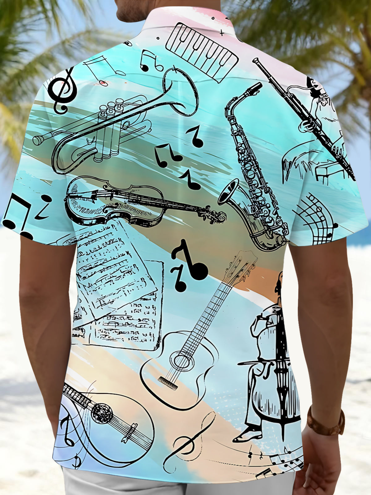 Musical Instrument Print Men's Pocket Short Sleeve Shirts
