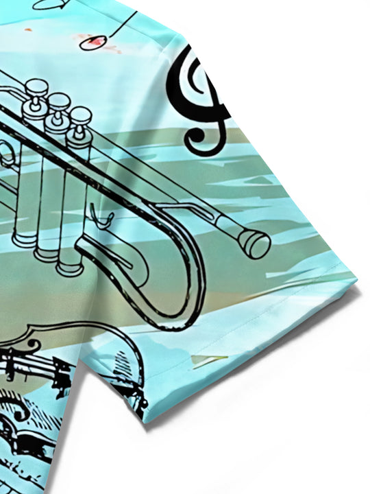 men's music print shirt close-up short sleeve