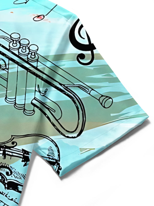men's music print shirt close-up short sleeve