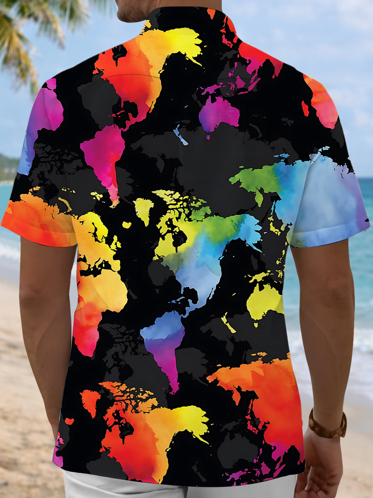men's travel print shirt back view