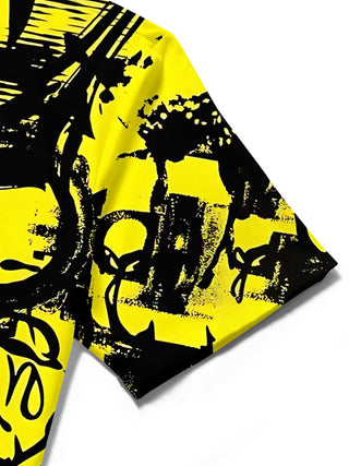 men's abstract print pocket short sleeve shirt stitching detail close-up