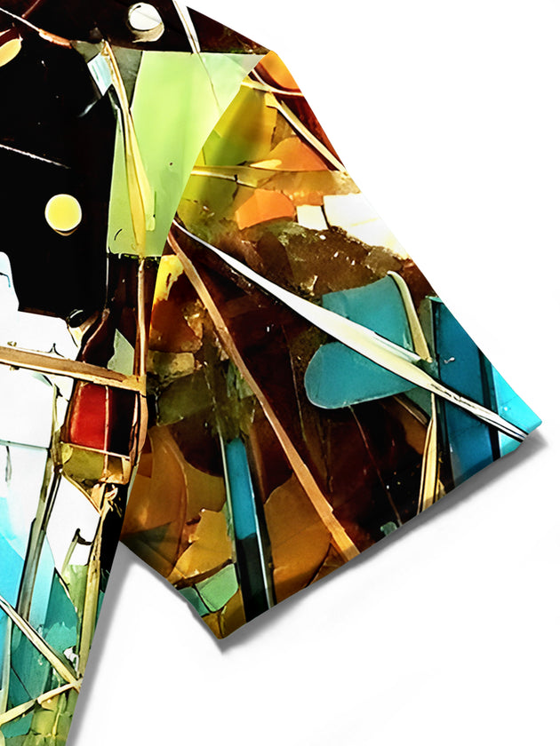 Men's tie dye short sleeve shirt close-up detail showing abstract print and pocket stitching
