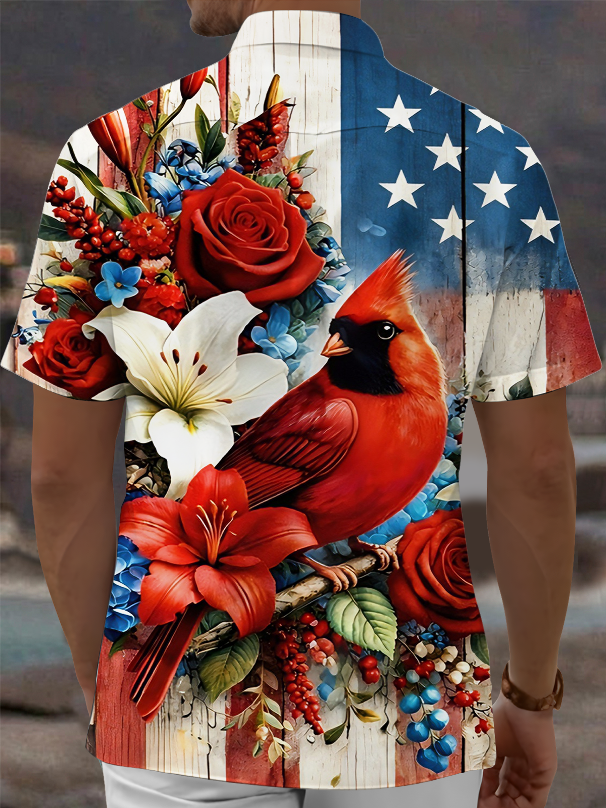 men's red flower print shirt back view