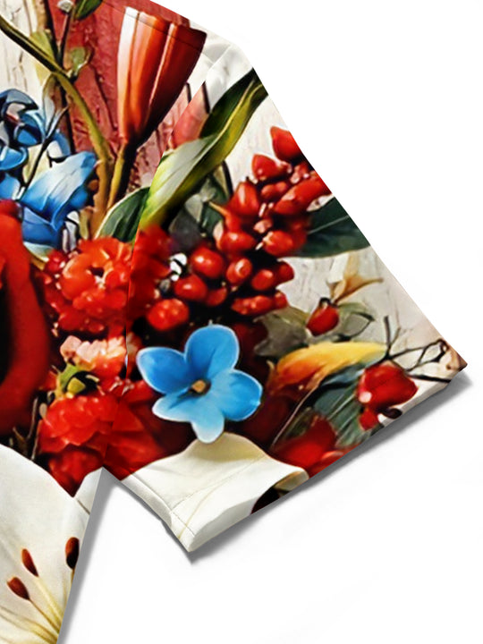 men's red floral shirt close-up short sleeve