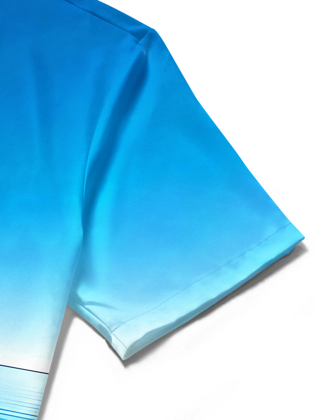 Men's Hawaiian short sleeve shirt close-up pocket seam and fabric texture