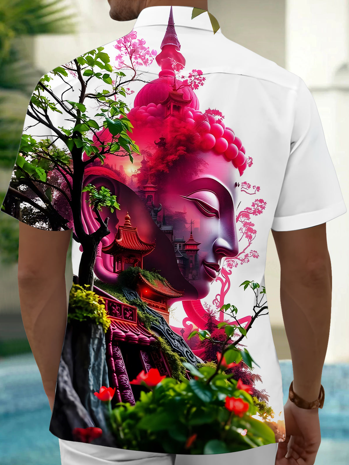 Men's Buddha print pocket short sleeve shirt back view