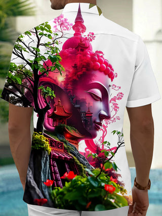 Men's Buddha print pocket short sleeve shirt back view