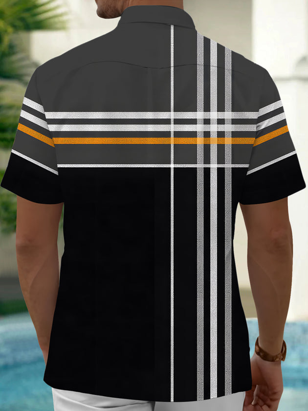 men's black geometric stripe short sleeve shirt back view