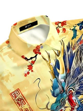 Men's tropical dragon print short sleeve shirt side view