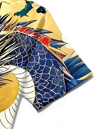 Men's Hawaiian dragon print short sleeve shirt texture close-up