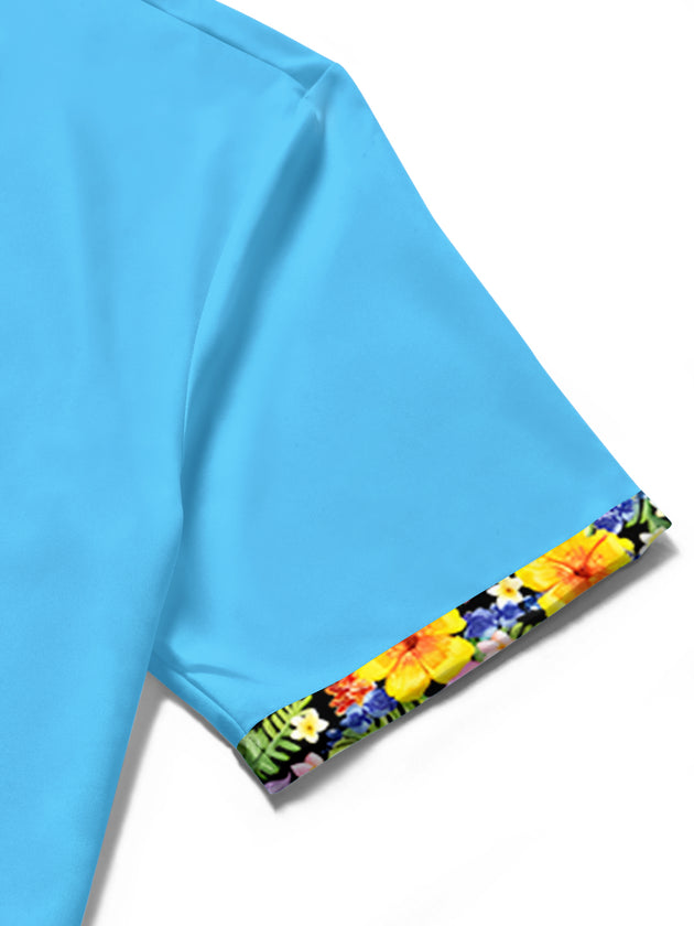 Men's Hawaiian floral pocket short sleeve shirt seam detail close-up