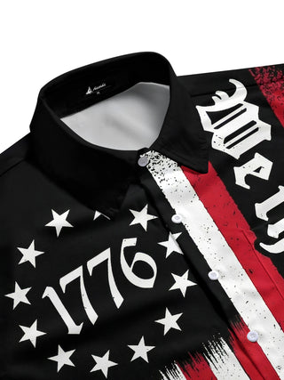 Men's side view short sleeve shirt with American flag print, patriotic design for casual wear