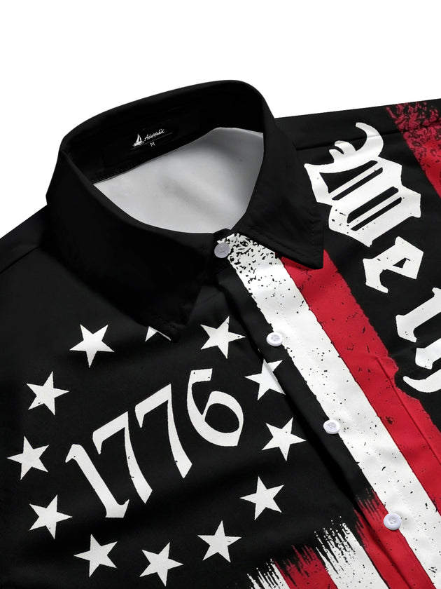 Men's side view short sleeve shirt with American flag print, patriotic design for casual wear