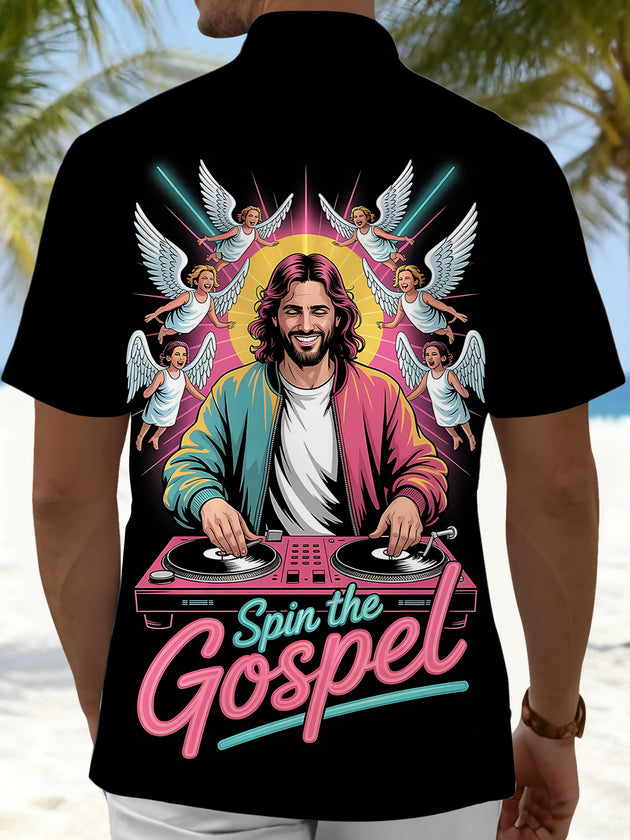 Men's black angel print short sleeve shirt back view