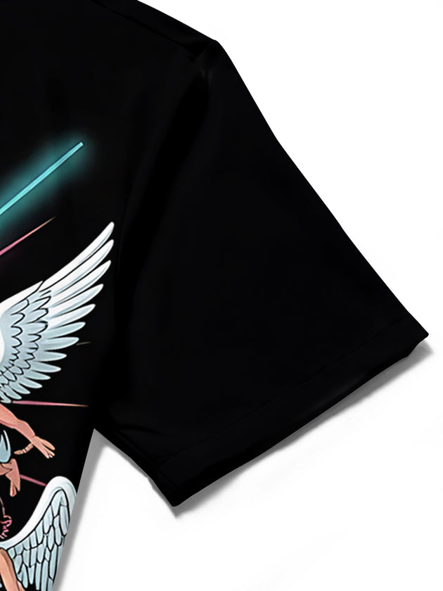 Men's white angel print short sleeve shirt close-up detail