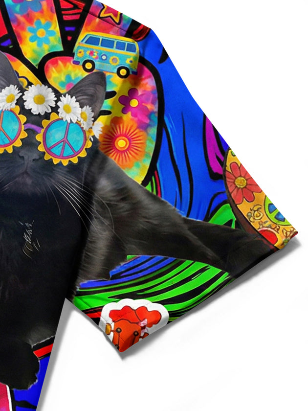 men's cat print shirt close-up short sleeve