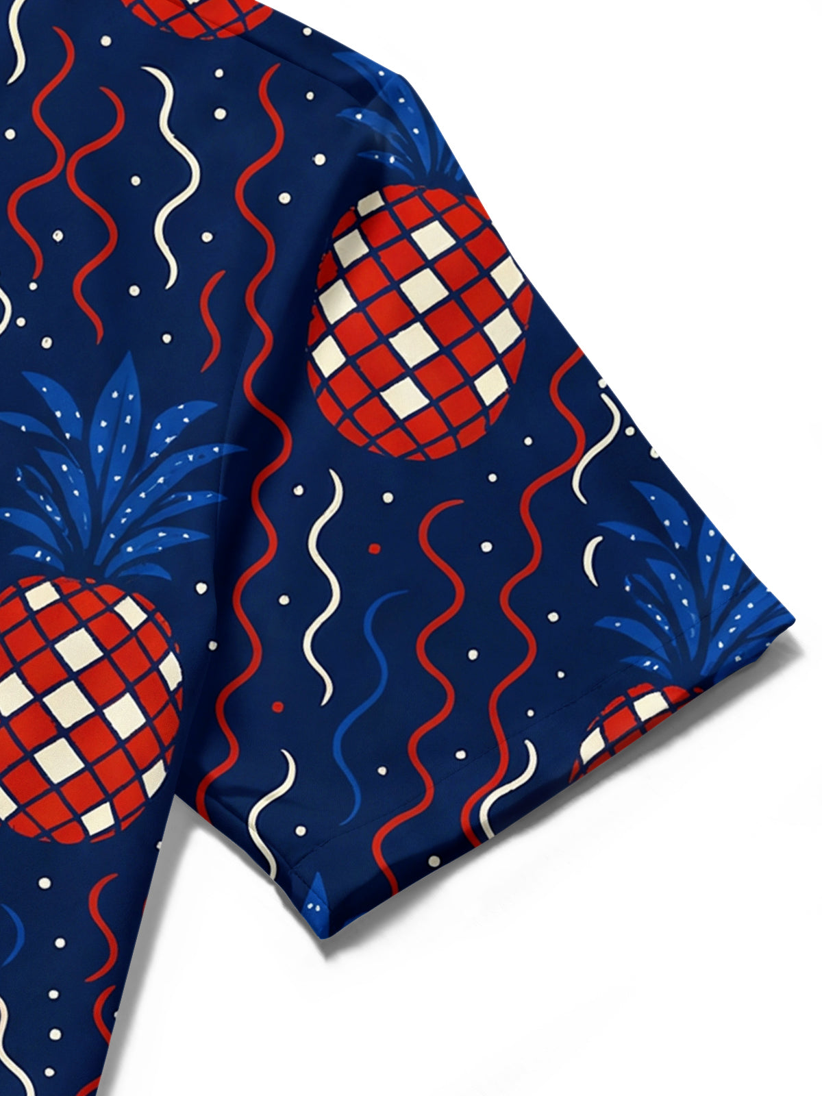 Men's American flag pineapple print short sleeve shirt detail view with quality stitching