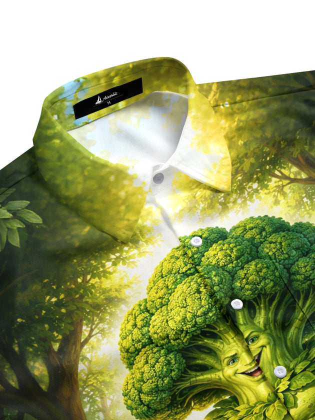 Men's green funny broccoli print short sleeve shirt side view