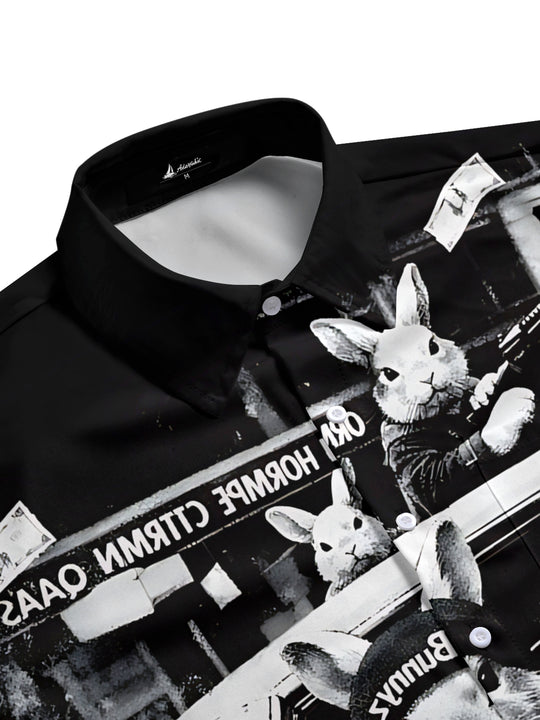 Men's gangster rabbit print half sleeve pocket shirt side view