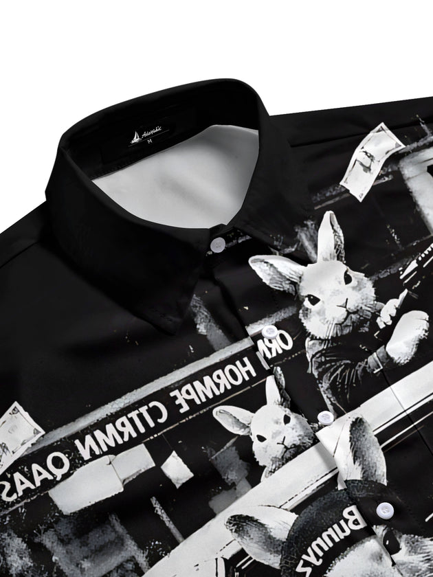Men's gangster rabbit print half sleeve pocket shirt side view