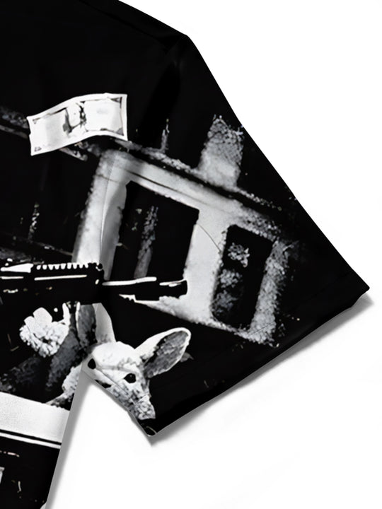 Men's Gangster Rabbit Print Short Sleeve Shirt Detail Close-Up