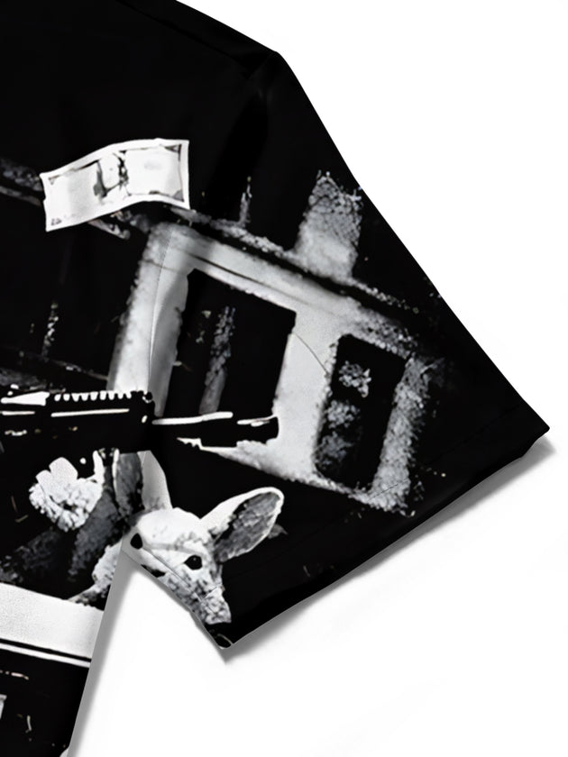 Men's Gangster Rabbit Print Short Sleeve Shirt Detail Close-Up