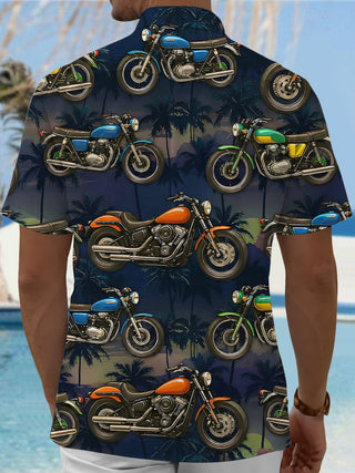 Men's Hawaiian motorcycle palm tree print pocket short sleeve shirt back view