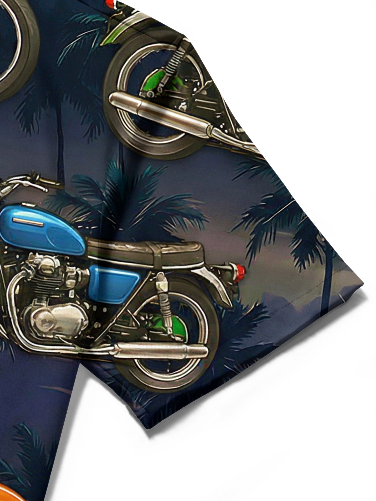 Men's Hawaiian palm tree print short sleeve shirt pocket stitching detail close-up
