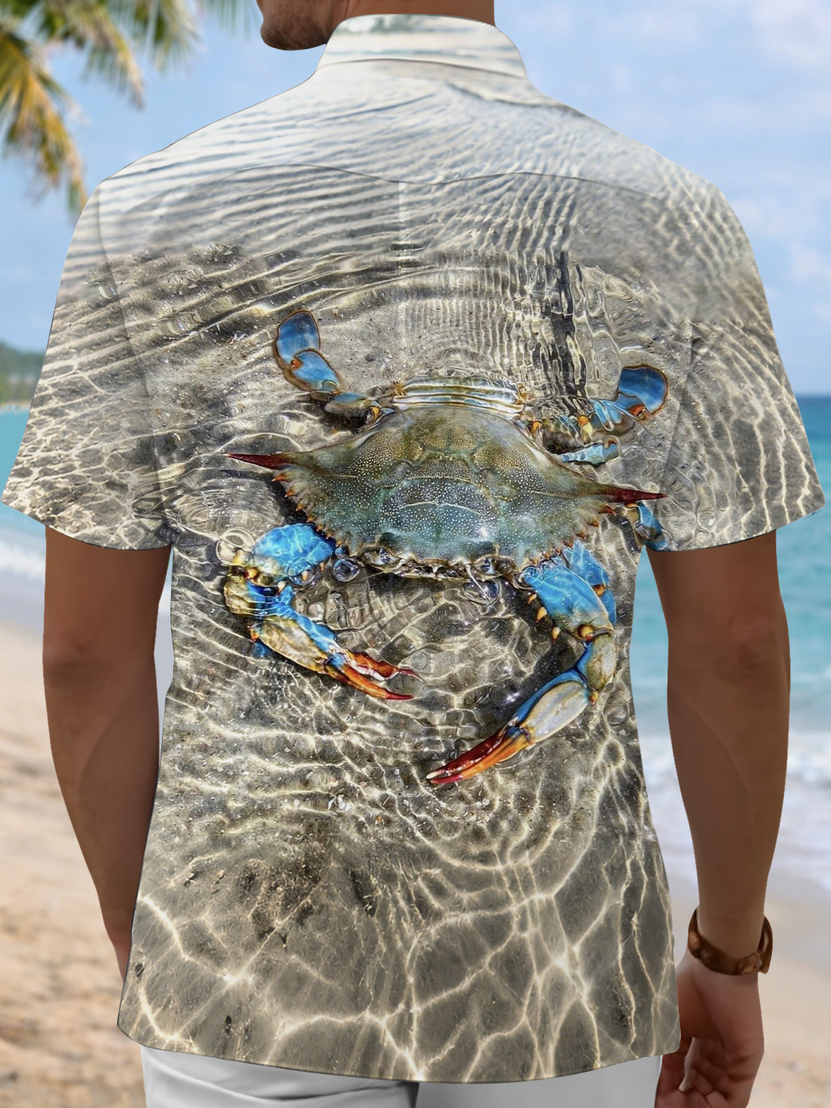 Men's crab print pocket half sleeve shirt back view