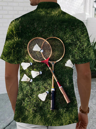 Men's badminton print short sleeve shirt back view