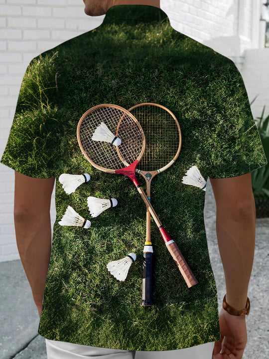 Men's badminton print short sleeve shirt back view