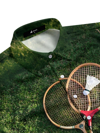 Men's athletic badminton print pocket half sleeve shirt side view
