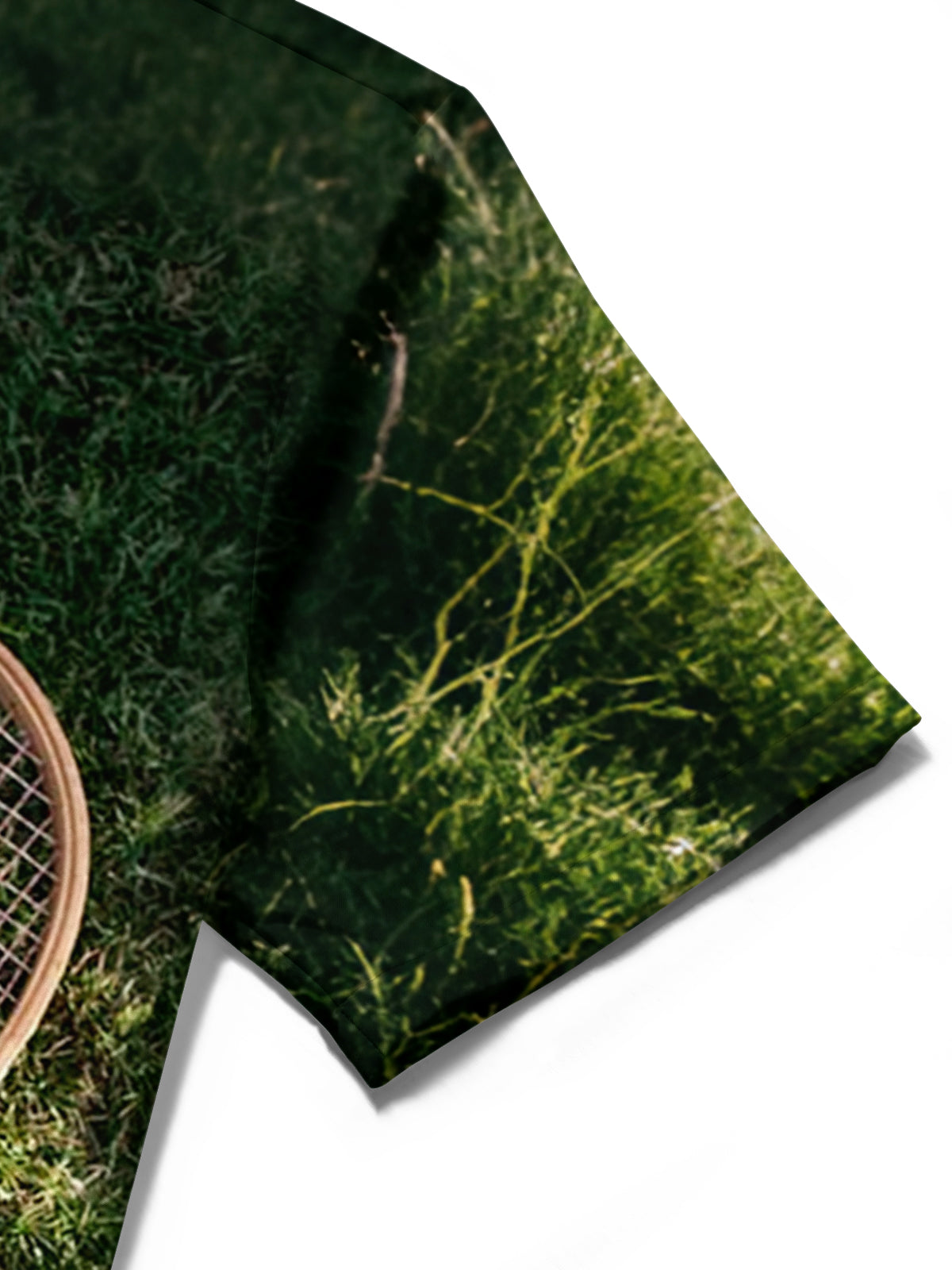 Close-up of badminton print stitch detail on men's short sleeve pocket shirt