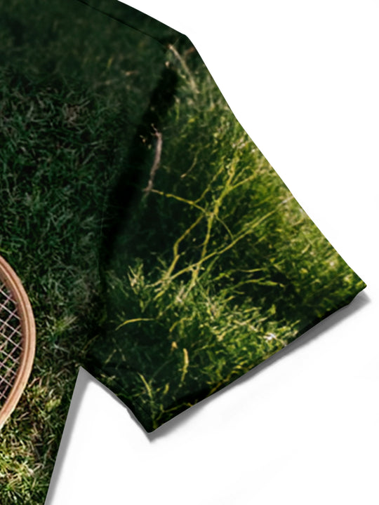 Close-up of badminton print stitch detail on men's short sleeve pocket shirt