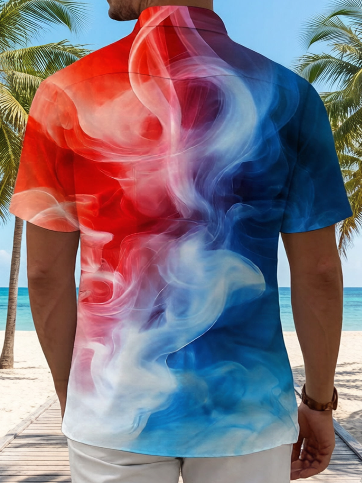 men's blue artistic design shirt back view