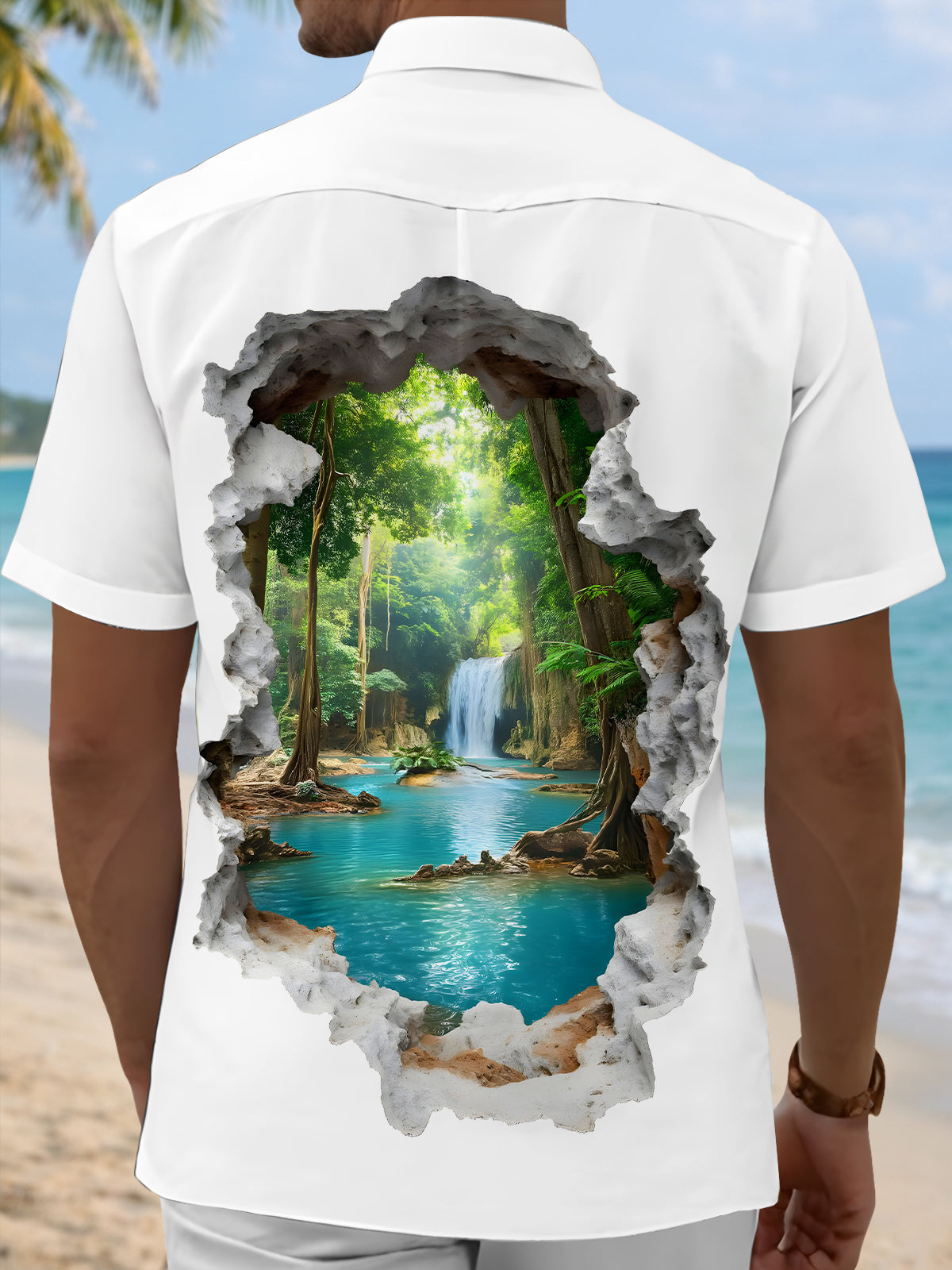 Men's short sleeve shirt back view with 3D broken wall forest waterfall pattern