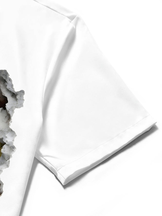 Men's short sleeve shirt detail close-up view of 3D broken wall forest waterfall pattern