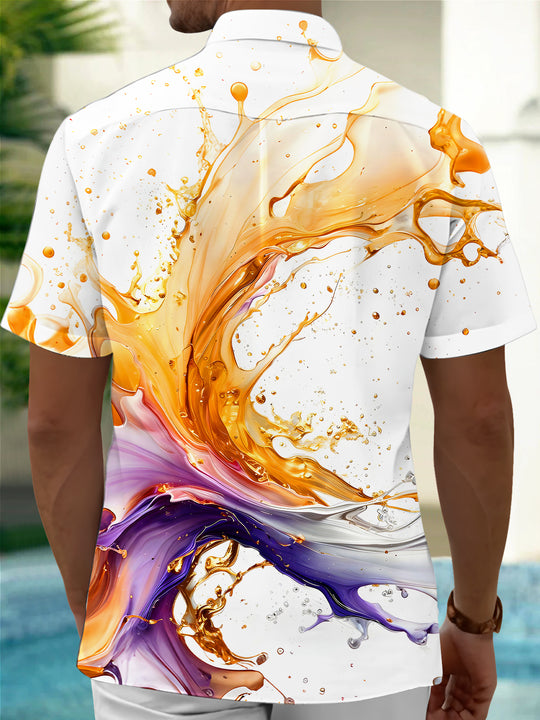 Men's gold purple fluid ink splash art pocket short sleeve shirt back view