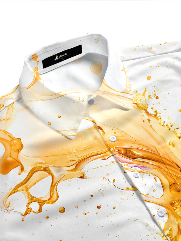 Men's gold purple fluid ink splash art pocket half sleeve shirt side view