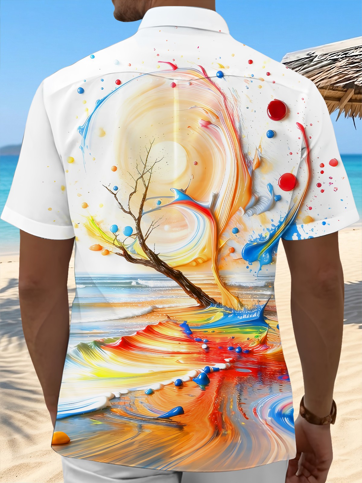 Men's colorful tree oil painting pocket short sleeve shirt back view
