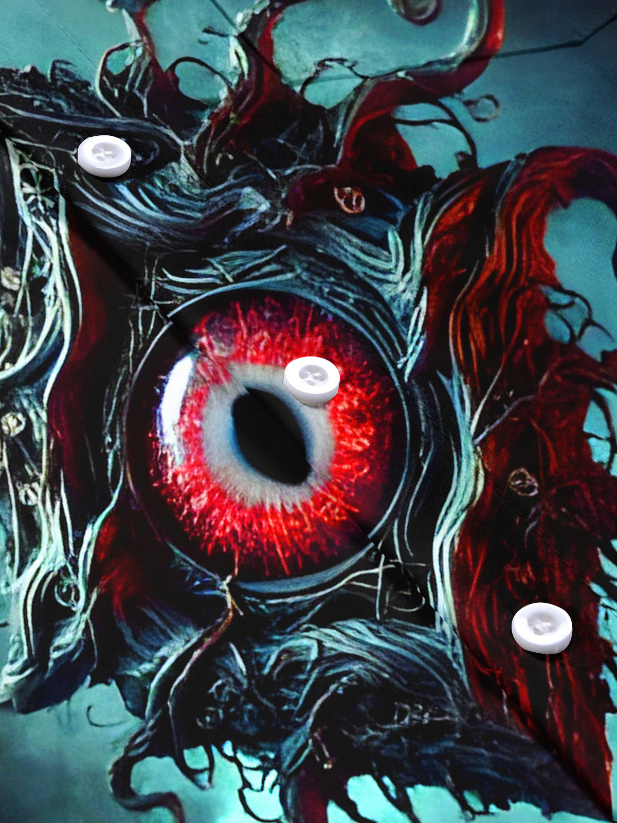 Men's dark Cthulhu Eye magic array pattern short sleeve shirt flat lay