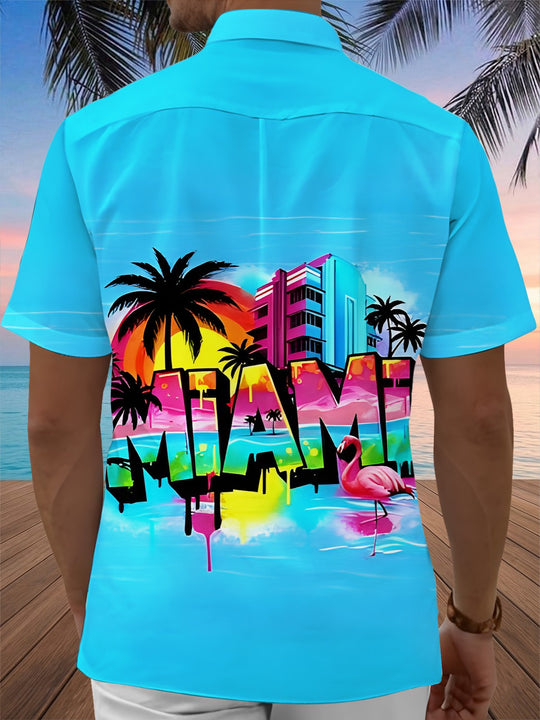 Men's Miami graffiti Hawaiian pocket short sleeve shirt back view
